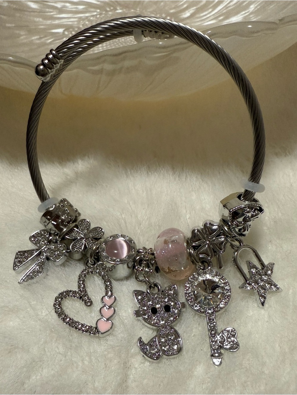 Stainless Steel Charm Bracelet with Pink Accents in Silver-tone - Picture 7 of 9